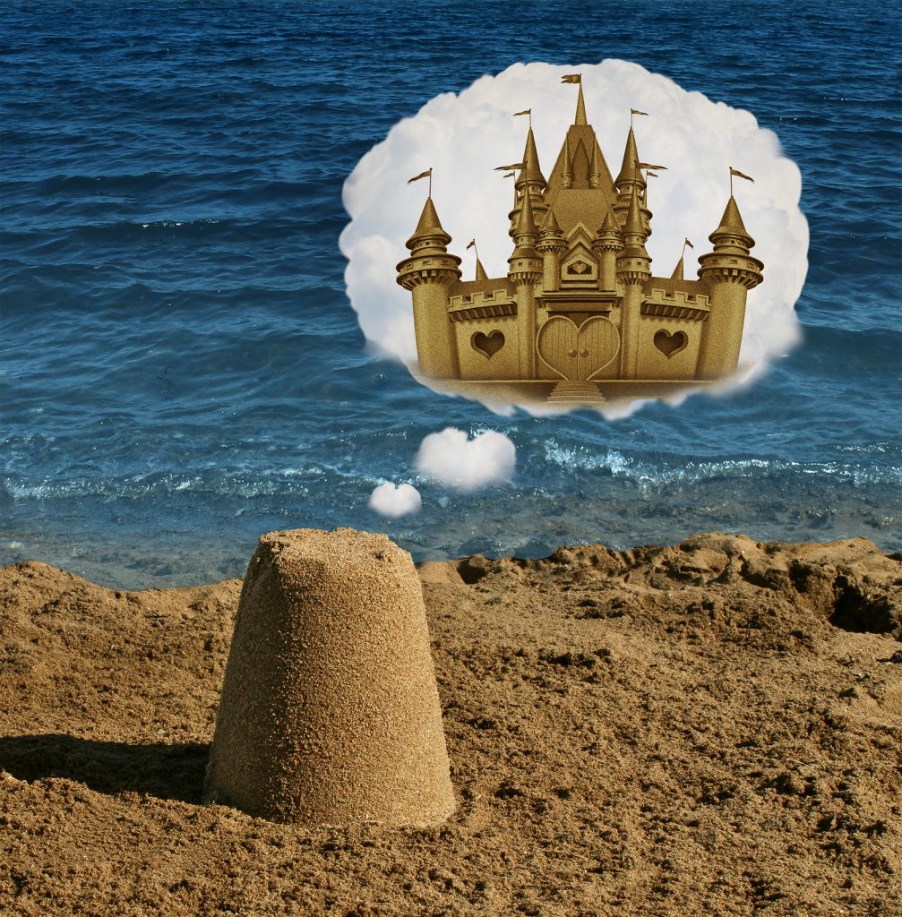 Think big concept and positive visualization symbol as an ordinary basic sand shape dreaming and imagining greatness as a majestic castle as a metaphor to imagine future potential and success focus in business and life.